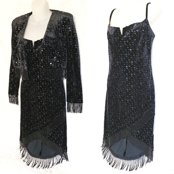 Black Beaded Velvet Leather Dress with Jacket 80s Vintage Italian Couture - Picture 15 of 15